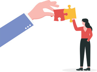 Finding new employees who can fit well with the team, matching candidates with qualification of job vacancy, company recruitment concept. HR hand finds the best job candidate with completed jigsaw pie