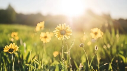Obraz premium Yellow wildflowers in a green field with sunlight in background