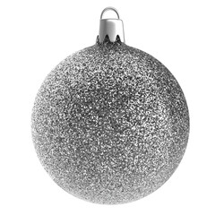 Christmas ball  silver glitter. Sphere christmas ball traditional realistic design element with silver metal glitter, shiny and sparkly isolated in white background. 3D render Xmas bauble mockup