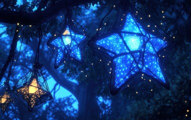 Enchanting Night Scene with Illuminated Star-Shaped Lanterns Hanging from Tree Branches in a Mystical Forest Setting During Twilight Hours
