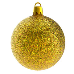 Christmas ball golden glitter. Sphere christmas ball traditional realistic design element with gold metal glitter, shiny and sparkly isolated in white background. 3D render Xmas bauble mockup