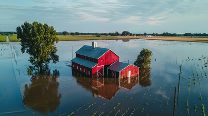 A Striking Aerial View of a Red Barn Submerged in Floodwaters with Lush Fields Behind It