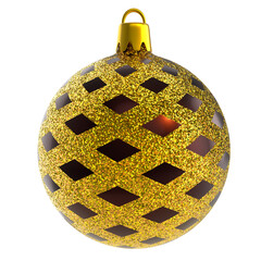 Christmas ball golden glitter and dark red glass. Christmas ball realistic design element with gold metall glitter, shiny and glossy isolated in white background. 3D render Xmas bauble mockup
