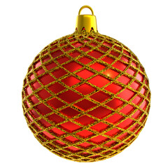 Christmas ball red glass and glitter lattice pattern. Christmas ball realistic design element with red metall glitter, shiny and glossy isolated in white background. 3D render Xmas bauble mockup