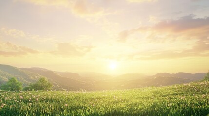 Tranquil Sunrise: Serene Skyscape Over Lush Valley Bathed in Soft Light - Perfect for Tranquility and Uplifting Atmosphere