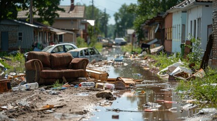Fototapeta premium A Devastating Scene of Flood Damage Personal Belongings Left Behind in the Aftermath of Disaster