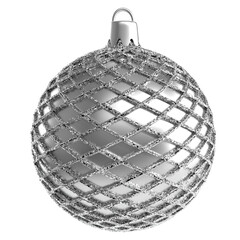 Christmas silver glass and glitter lattice pattern. Christmas ball design element with silver metal glitter lattice, shiny and glossy isolated in white background. 3D render Xmas bauble mockup