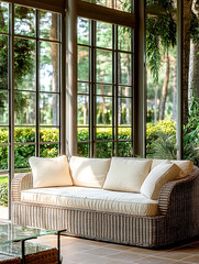 Photo of a Cozy Wicker Sofa with Cushions in a Sunlit Room Overlooking Nature