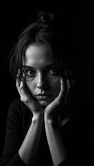 Obraz premium Captivating Portrait of a Young Woman in Low-Key Lighting, Hands Framing Her Face with Soft Shadows and Dramatic Contrast