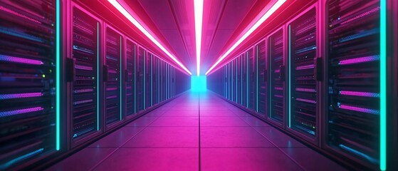 Futuristic data center with neon lights illuminating server racks in a vibrant, high-tech environment.