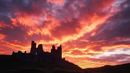 Obraz premium Fiery Sunset Silhouette: Mystical Ancient Castle on Dramatic Clouds - Ultra-Detailed Skyscape of History and Mystery