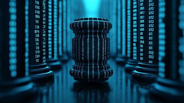 Futuristic data center with glowing binary codes and a central digital structure, symbolizing advanced technology.