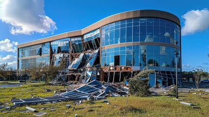 Aftermath of Devastating Tornado Office Building with Shattered Windows and Destruction