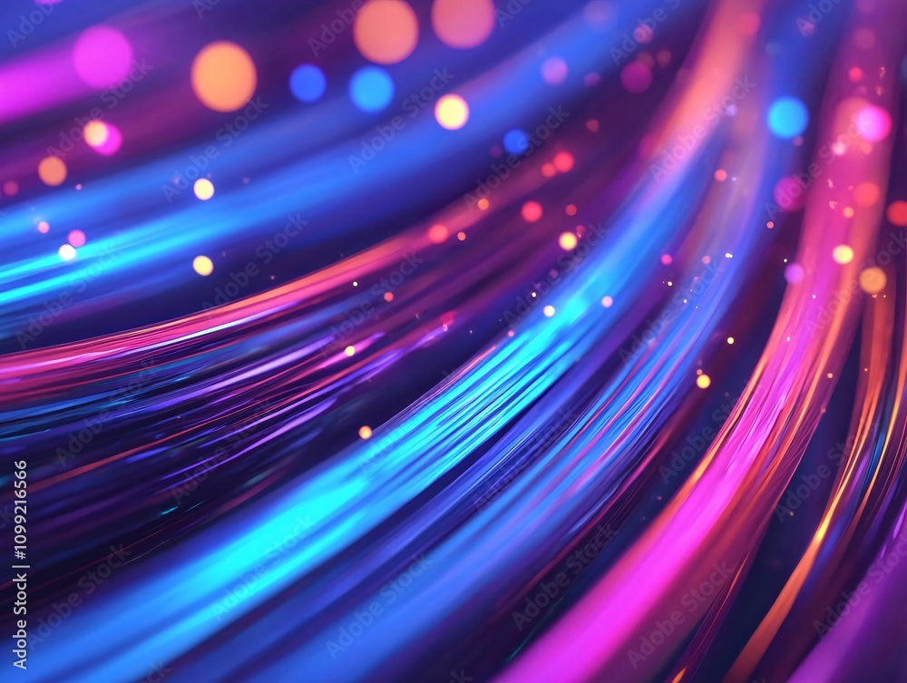 Poster vibrant abstract lines with glowing dots, creating a dynamic and colorful visual effect for digital 