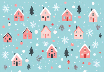 Christmas pattern with pink houses, snowflakes, and Christmas trees on a light blue background