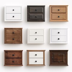 2409_017.An assortment of whole, dresser drawers,isolate, perfect top-down view, showcasing diverse varieties, arranged with space around each dresser drawers, no sides visible, plan presentation,3d