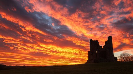 Obraz premium Mystical Sunset Over Ancient Castle: Enchanting Skyscape with Fiery Clouds and Silhouette, Ultra-Detailed Panoramic Landscape View