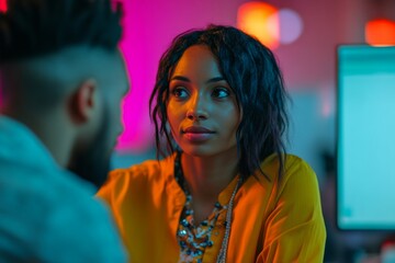 Fototapeta premium A captivating moment of conversation between two individuals in a modern setting. The emotional connection is palpable. Explore human interaction and engagement. Generative AI