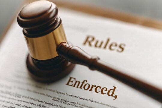 A judge's gavel rests on a document labeled 'Rules Enforced', symbolizing authority and legal proceedings.