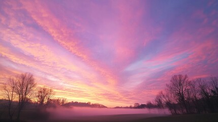 Obraz premium Ethereal Dawn: Surreal Skyscape of Vibrant Colors Breaking Over Foggy Valley at Sunrise