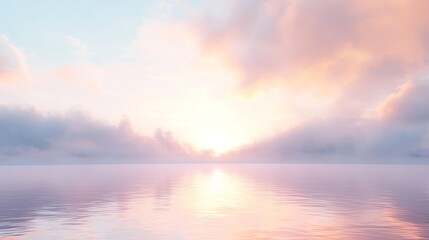 Obraz premium Serene Dawn Skyscape Over Quiet Lake - Tranquil and Calming Nature Scenery with Soft Light Breaking Through Fog for Relaxation and Mindfulness, Ultra-Detailed