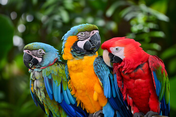 Three vibrant parrots with colorful feathers, perched together in a lush green tropical setting.