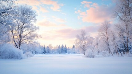 Obraz premium Tranquil Winter Dusk: Enchanting Snowy Landscape with Soft Pink and Blue Skyscape