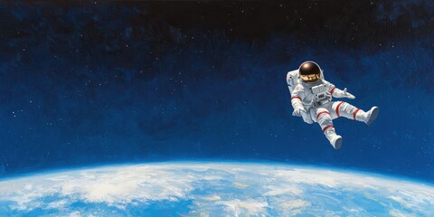 Astronaut floating in space earth below digital art outer space wide angle exploration and adventure theme