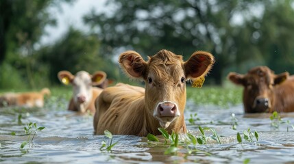 Cows Navigating Floodwaters in Search of Dry Ground Amidst Overflowing Fields and Greenery