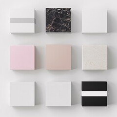 2409_085.An assortment of whole, decorative boxes,isolate, perfect top-down view, showcasing diverse varieties, arranged with space around each decorative boxes, no sides visible, plan