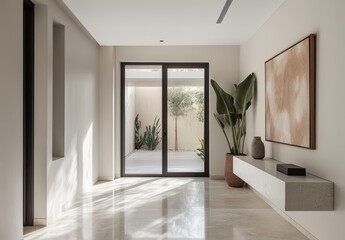 Obraz premium Elegant Modern Hallway with Natural Light and Indoor Plants, Featuring a Stylish Console Table, Contemporary Art, and Minimalist Design Elements