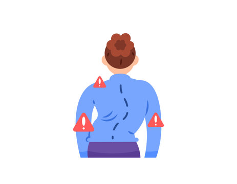 illustration of a woman with scoliosis. spinal deformity, curved spine. posture. problems and health. flat style character design. elements