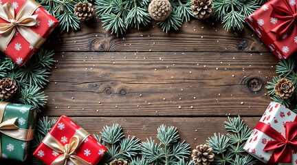 A rustic Christmas wallpaper featuring wrapped gifts, pine branches, and pine cones creating a border on a weathered wooden backdrop, complete with space for your message.