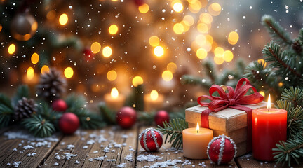 A holiday-themed Christmas wallpaper featuring candles, ornaments, and bokeh lighting arranged on a wooden surface..