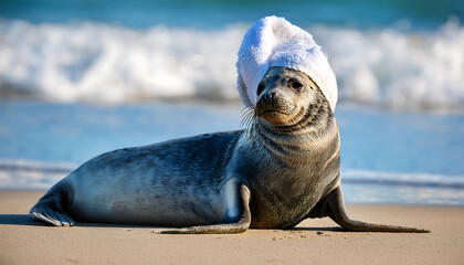 Fototapeta premium Adorable Baby Seal Relaxing by the Ocean with a Towel on Its Head