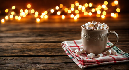A cup of hot chocolate, topped with marshmallows, on a wooden table with bokeh fairy lights in the background.