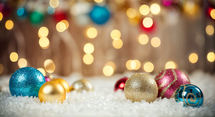 A shallow depth of field festive image of colorful Christmas balls on a white snowy surface, with bokeh lights in the background.