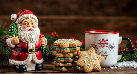A rustic Christmas wallpaper of Christmas cookies and a cup of tea, next to a porcelain Santa Claus, against a blurred wooden background.