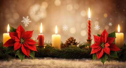 Burning and red Poinsettia flowers form the focal point of this festive Christmas wallpaper, with falling snowflakes and bokeh lights in the background.