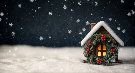 A festive Christmas wallpaper of a charming little house in the snow, with falling snowflakes against a dark background.