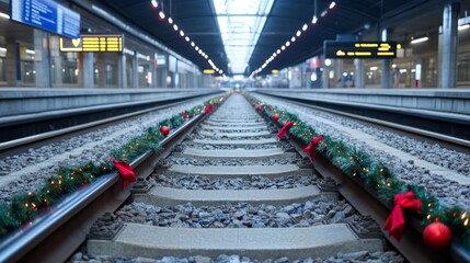 Obraz premium Festive Train Station Decked with Legal Notices and Rule Boards for Rules Compliance and Holiday Logistics
