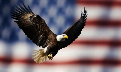 Obraz premium Majestic bald eagle spreads its wings, set against a patriotic American flag background with stars and stripes, symbolizing freedom and strength in a stylized illustration.