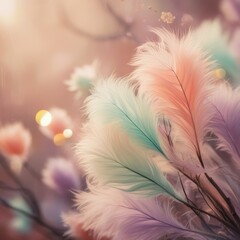 Obraz premium Colorful feather background. feather pattern texture backdrop, pastel soft fur. Copy space wallpaper