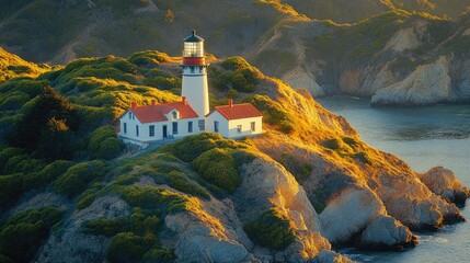 A lighthouse sits on a rocky hillside.