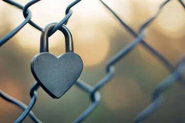 Valentine heart padlock attached to wire mesh fence.
