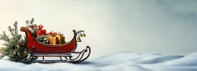 A Christmas sleigh with gifts, bells, and pine branches, placed against a soft snow-covered hill backdrop. Clear space on the left for product showcasing.