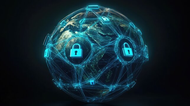A futuristic rendering of a globe wrapped in a mesh of glowing blue security lines with padlock symbols along the connections, symbolizing global cybersecurity. 