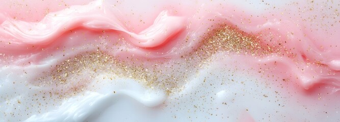Obraz premium A pastel pink and white gradient background with subtle golden sparkles, with plenty of clear space for showcasing products in the center.