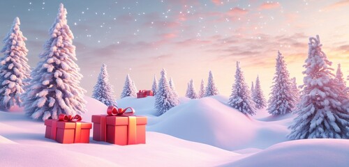 Obraz premium A colorful 3D-rendered winter landscape with red gift boxes on a snowy mountain, surrounded by soft white trees, all depicted in a cute, cartoon style. 