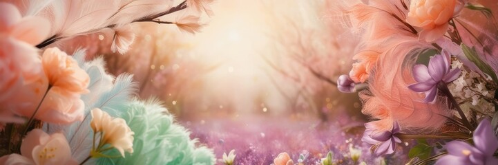 Fototapeta premium Blossom tree bush over nature blurred background. Spring flowers. Spring summer border template floral background with copy space. Website banner wide